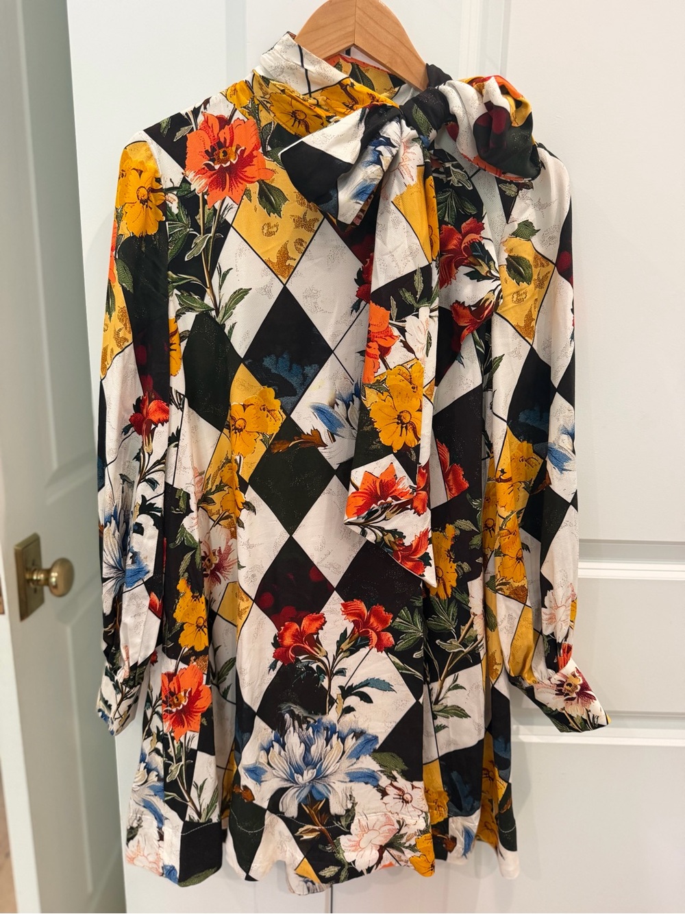 Maeve Anthropologie Floral Argyle Tie Neck Dress XS